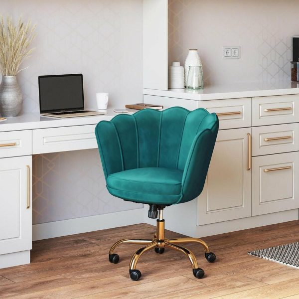 Office Chairs |   Kaylee Office Chair Upholstered Velvet Seashell Swivel Desk Chair, Green-Gold Furniture Office Chairs