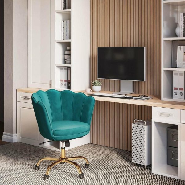 Office Chairs |   Kaylee Office Chair Upholstered Velvet Seashell Swivel Desk Chair, Green-Gold Furniture Office Chairs