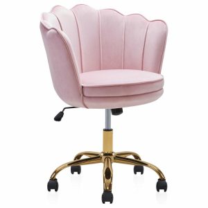 Office Chairs |   Kaylee Office Chair Upholstered Velvet Seashell Swivel Desk Chair, Pink-Gold Furniture Office Chairs