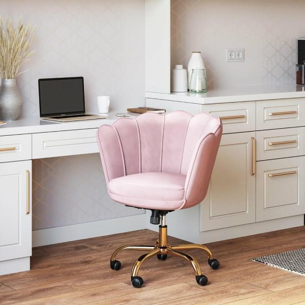 Office Chairs |   Kaylee Office Chair Upholstered Velvet Seashell Swivel Desk Chair, Pink-Gold Furniture Office Chairs