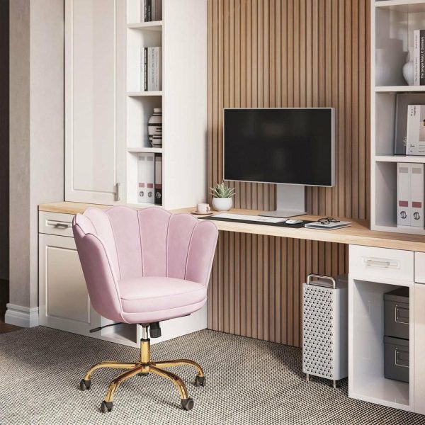 Office Chairs |   Kaylee Office Chair Upholstered Velvet Seashell Swivel Desk Chair, Pink-Gold Furniture Office Chairs