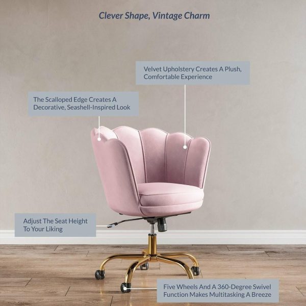 Office Chairs |   Kaylee Office Chair Upholstered Velvet Seashell Swivel Desk Chair, Pink-Gold Furniture Office Chairs