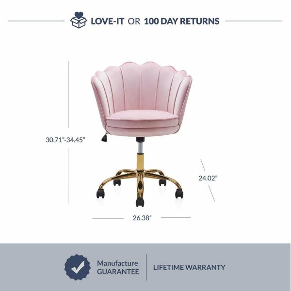 Office Chairs |   Kaylee Office Chair Upholstered Velvet Seashell Swivel Desk Chair, Pink-Gold Furniture Office Chairs