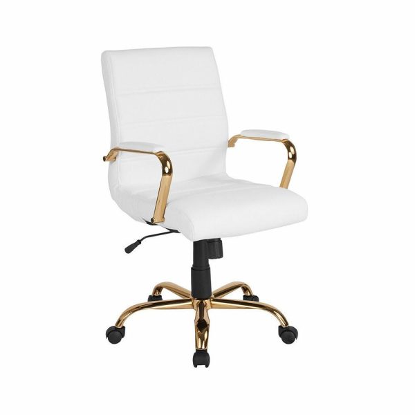 Office Chairs |   Mid-Back White Leather Executive Swivel Office Chair With Gold Frame And Arms Furniture Office Chairs