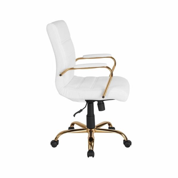 Office Chairs |   Mid-Back White Leather Executive Swivel Office Chair With Gold Frame And Arms Furniture Office Chairs