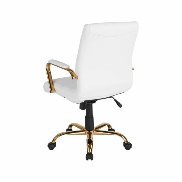 Office Chairs |   Mid-Back White Leather Executive Swivel Office Chair With Gold Frame And Arms Furniture Office Chairs