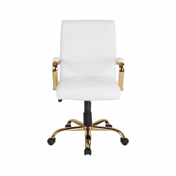 Office Chairs |   Mid-Back White Leather Executive Swivel Office Chair With Gold Frame And Arms Furniture Office Chairs