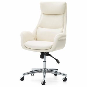 Office Chairs |   Mid-Century Leatherette Adjustable Swivel High Back Office Chair, Cream White Furniture Office Chairs