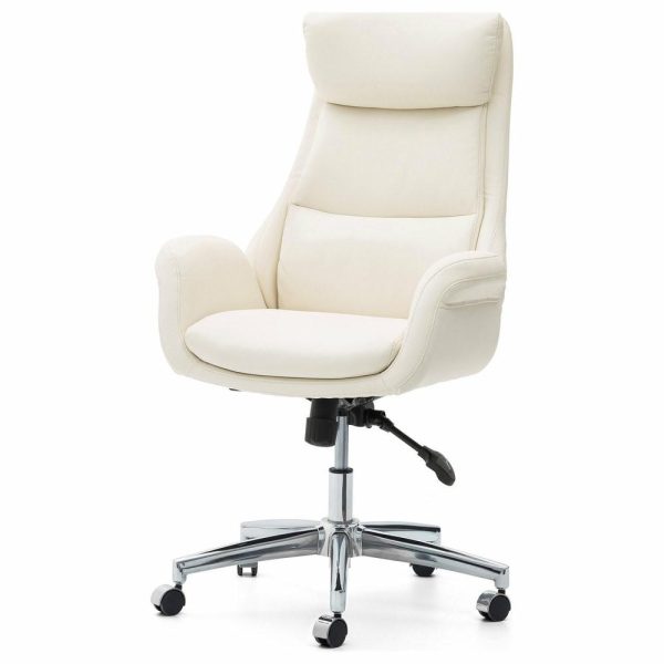 Office Chairs |   Mid-Century Leatherette Adjustable Swivel High Back Office Chair, Cream White Furniture Office Chairs