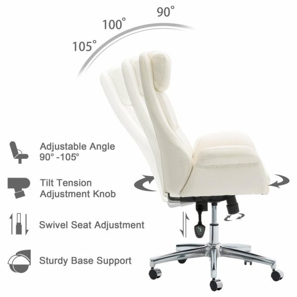 Office Chairs |   Mid-Century Leatherette Adjustable Swivel High Back Office Chair, Cream White Furniture Office Chairs