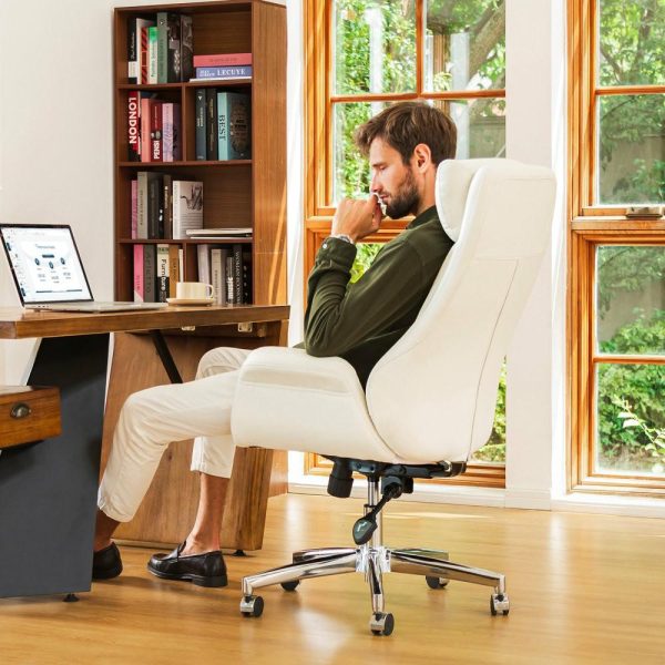 Office Chairs |   Mid-Century Leatherette Adjustable Swivel High Back Office Chair, Cream White Furniture Office Chairs