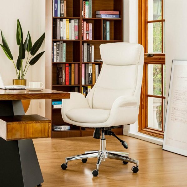 Office Chairs |   Mid-Century Leatherette Adjustable Swivel High Back Office Chair, Cream White Furniture Office Chairs