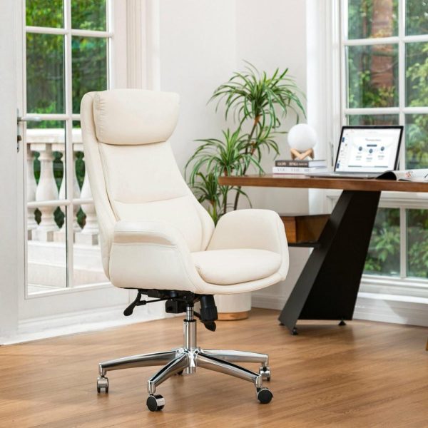 Office Chairs |   Mid-Century Leatherette Adjustable Swivel High Back Office Chair, Cream White Furniture Office Chairs