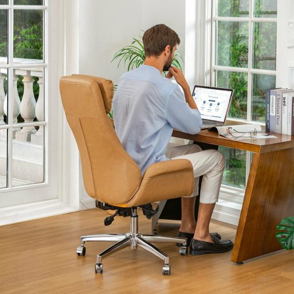 Office Chairs |   Mid-Century Modern Air Leatherette Adjustable Swivel High Back Office, Camel Furniture Office Chairs