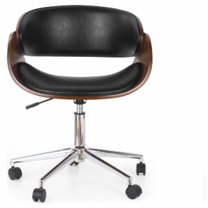 Office Chairs |   Stillmore Mid-Century Modern Upholstered Swivel Office Chair, Midnight/Walnut/Chrome Furniture Office Chairs