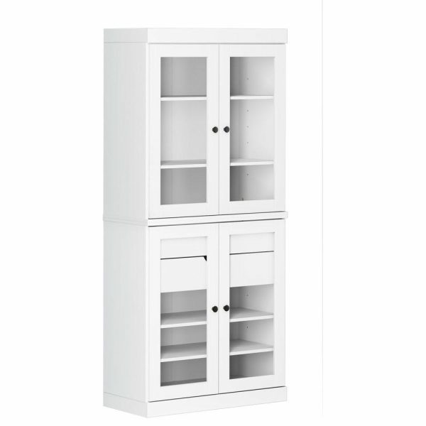 Pantry Cabinets |   100% Solid Wood 32″ Kitchen Pantry With Glass Doors, 2-Drawers, White Furniture Pantry Cabinets