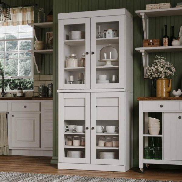 Pantry Cabinets |   100% Solid Wood 32″ Kitchen Pantry With Glass Doors, 2-Drawers, White Furniture Pantry Cabinets