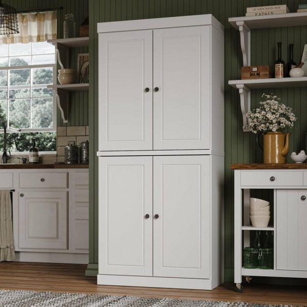 Pantry Cabinets |   100% Solid Wood 32″ Kitchen Pantry With Solid Doors, White Furniture Pantry Cabinets