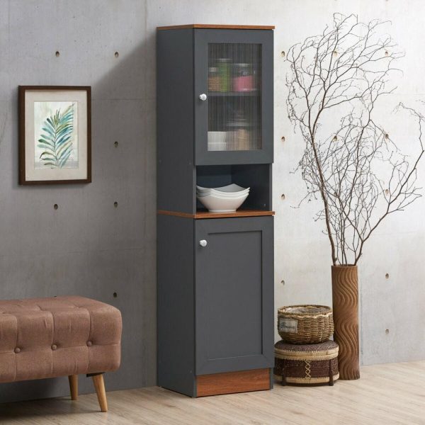 Pantry Cabinets |   63″ Tall Open Shelf Enclosed Storage Kitchen Pantry, Gray-Oak Furniture Pantry Cabinets