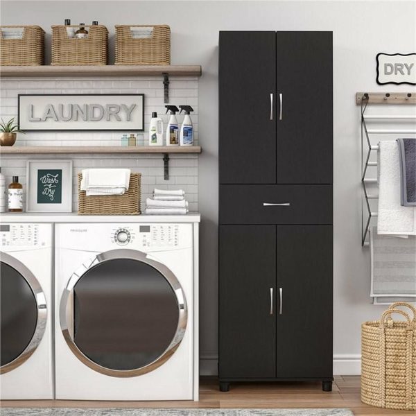 Pantry Cabinets |   Pemberly Row Mid-Centruy Storage Cabinet With Drawer In Black Furniture Pantry Cabinets