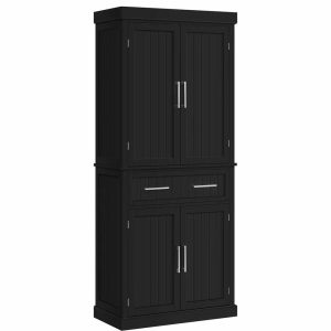 Pantry Cabinets |   Tall Pantry Cabinet, 4 Doors & Large Spacious Drawer With Grooved Accents, Black Furniture Pantry Cabinets