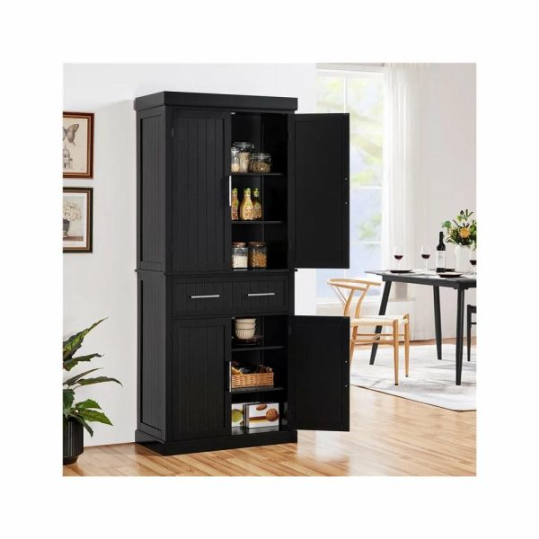 Pantry Cabinets |   Tall Pantry Cabinet, 4 Doors & Large Spacious Drawer With Grooved Accents, Black Furniture Pantry Cabinets