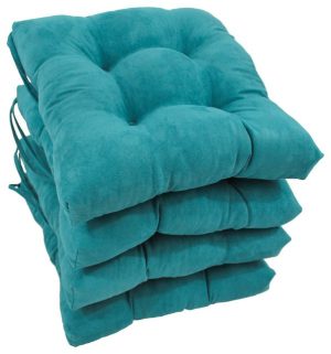 Seat Cushions |   16″ Solid Micro Suede Square Tufted Chair Cushions, Set Of 4, Aqua Blue Furniture Seat Cushions