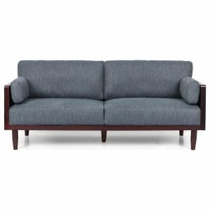 Sofas & Sectionals |   Bagan Mid-Century Modern Upholstered 3 Seater Sofa, Charcoal + Dark Walnut Furniture Sofas & Sectionals