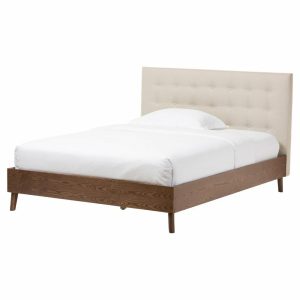 Beds |   Alinia Retro Fabric Upholstered Walnut Wood Platform Bed, Light Beige, Queen Bedroom Beds