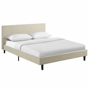 Beds |   Anya Queen Upholstered Fabric Bed, Beige Bedroom Beds