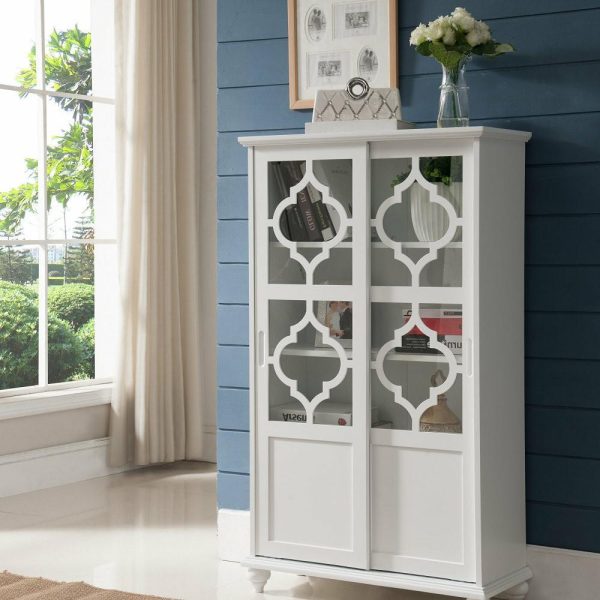 Bookcases |   Callum Wood Curio Bookcase With Sliding Glass Doors, White Bookcases Bookcases