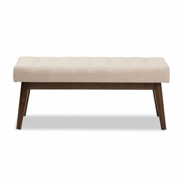 Bedroom Benches |   Elia Mid-Century Modern Walnut Wood Light Beige Fabric Button-Tufted Bench Bedroom Bedroom Benches