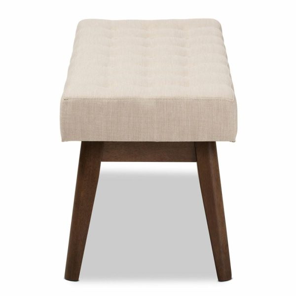 Bedroom Benches |   Elia Mid-Century Modern Walnut Wood Light Beige Fabric Button-Tufted Bench Bedroom Bedroom Benches