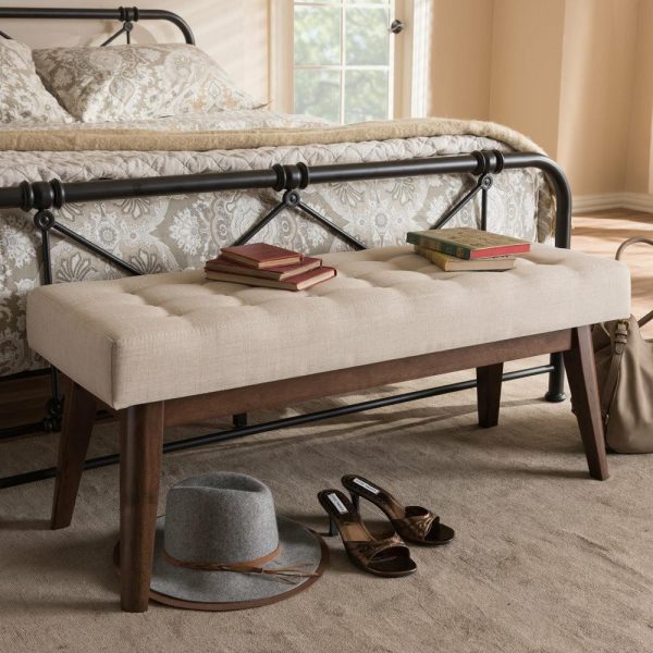 Bedroom Benches |   Elia Mid-Century Modern Walnut Wood Light Beige Fabric Button-Tufted Bench Bedroom Bedroom Benches