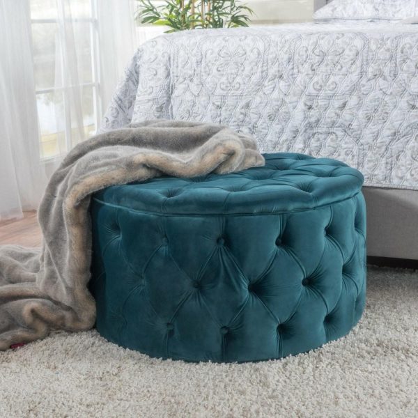 Footstools & Ottomans |   Gdf Studio Maelyn Modern Glam Tufted Velvet Round Ottoman, Teal Footstools & Ottomans Footstools & Ottomans