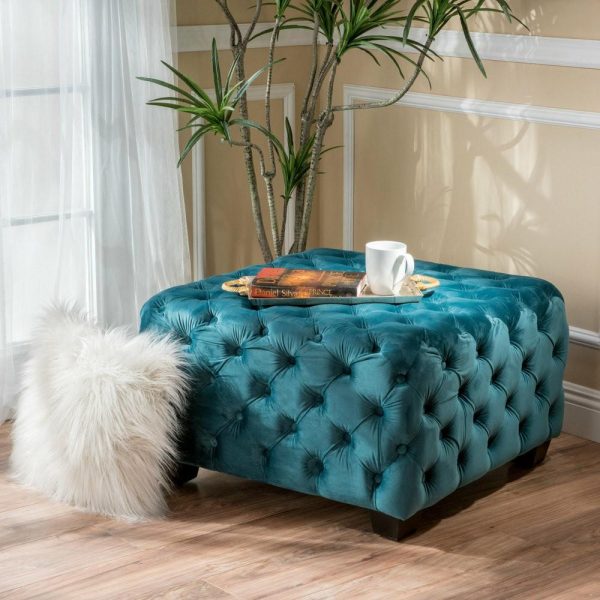 Footstools & Ottomans |   Gdf Studio Provence Dark Teal Tufted Velvet Fabric Square Ottoman Bench, Dark Teal Footstools & Ottomans Footstools & Ottomans