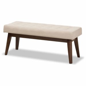 Bedroom Benches |   Elia Mid-Century Modern Walnut Wood Light Beige Fabric Button-Tufted Bench Bedroom Bedroom Benches